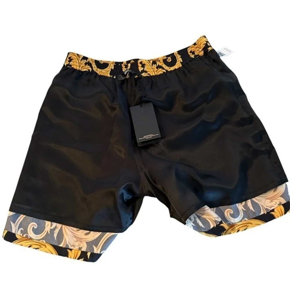 Versace Men'sBaroque Print Twill Poly Shorts Black Gold Print Shorts, sz‎ 48